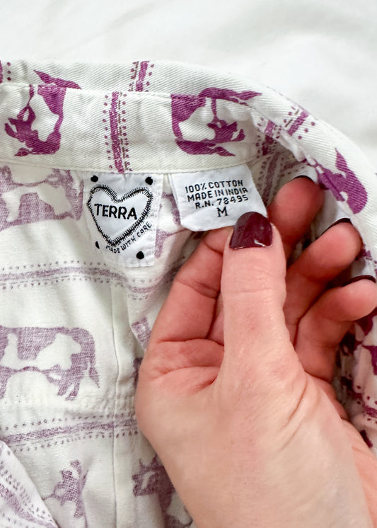 Terra Purple and White Western Cow Print Button Down Top (M)