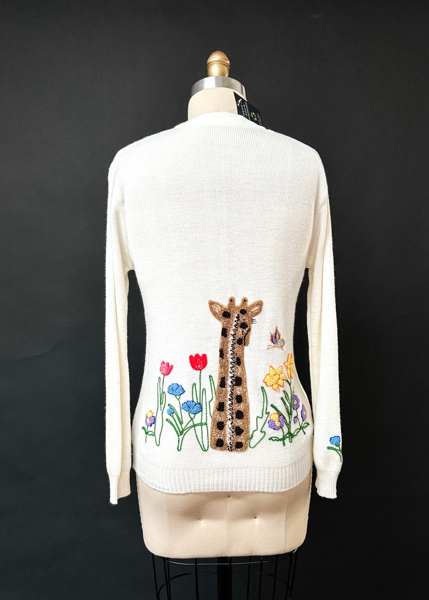 Vintage 60s/70s Cyn Les Shirlee Cream Giraffe Embroidered Knit Top (S)