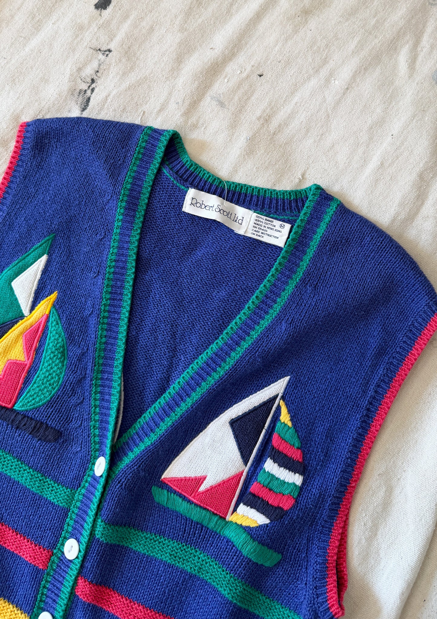 Vintage Robert Scott LTD Embroidered Sailboat Nautical Knit Sweater Vest (M)