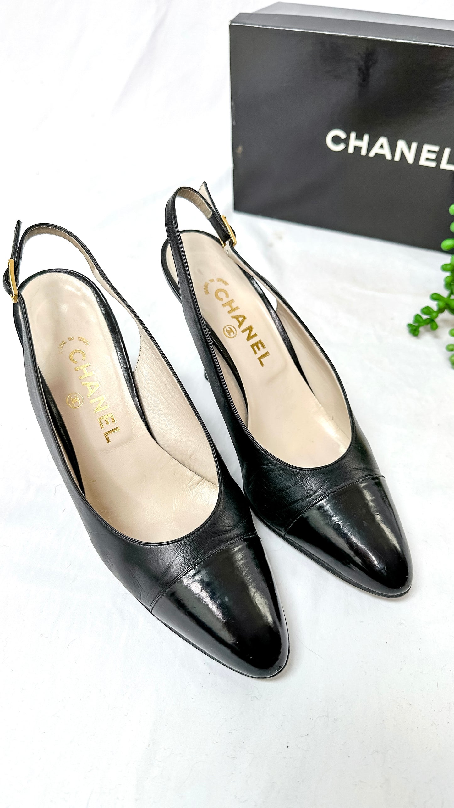 Vintage Chanel Black Leather Cap Toe Slingback Heels (38)