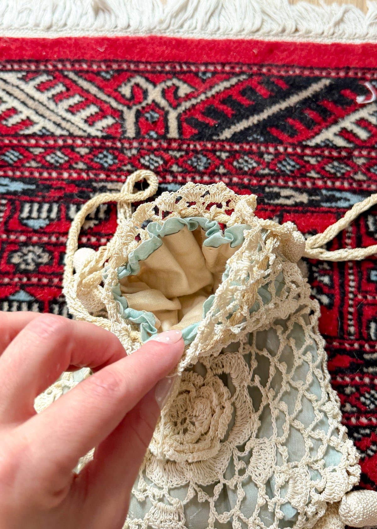 Antique Edwardian Irish Crochet Reticule Purse Sea Foam Green Lined c. 1900–1915