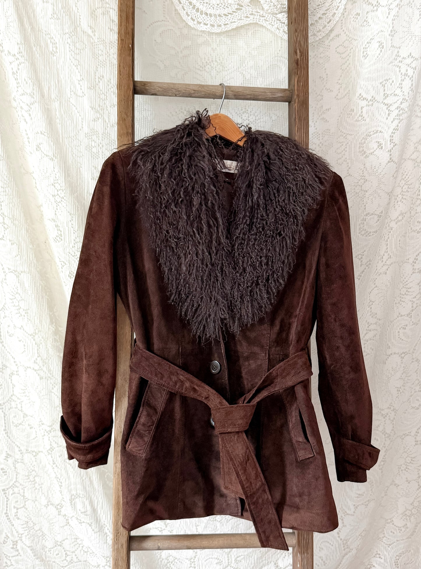 Vintage Chocolate Brown Suede Leather & Mongolian Lamb Fur Collar Penny Lane Coat (M)