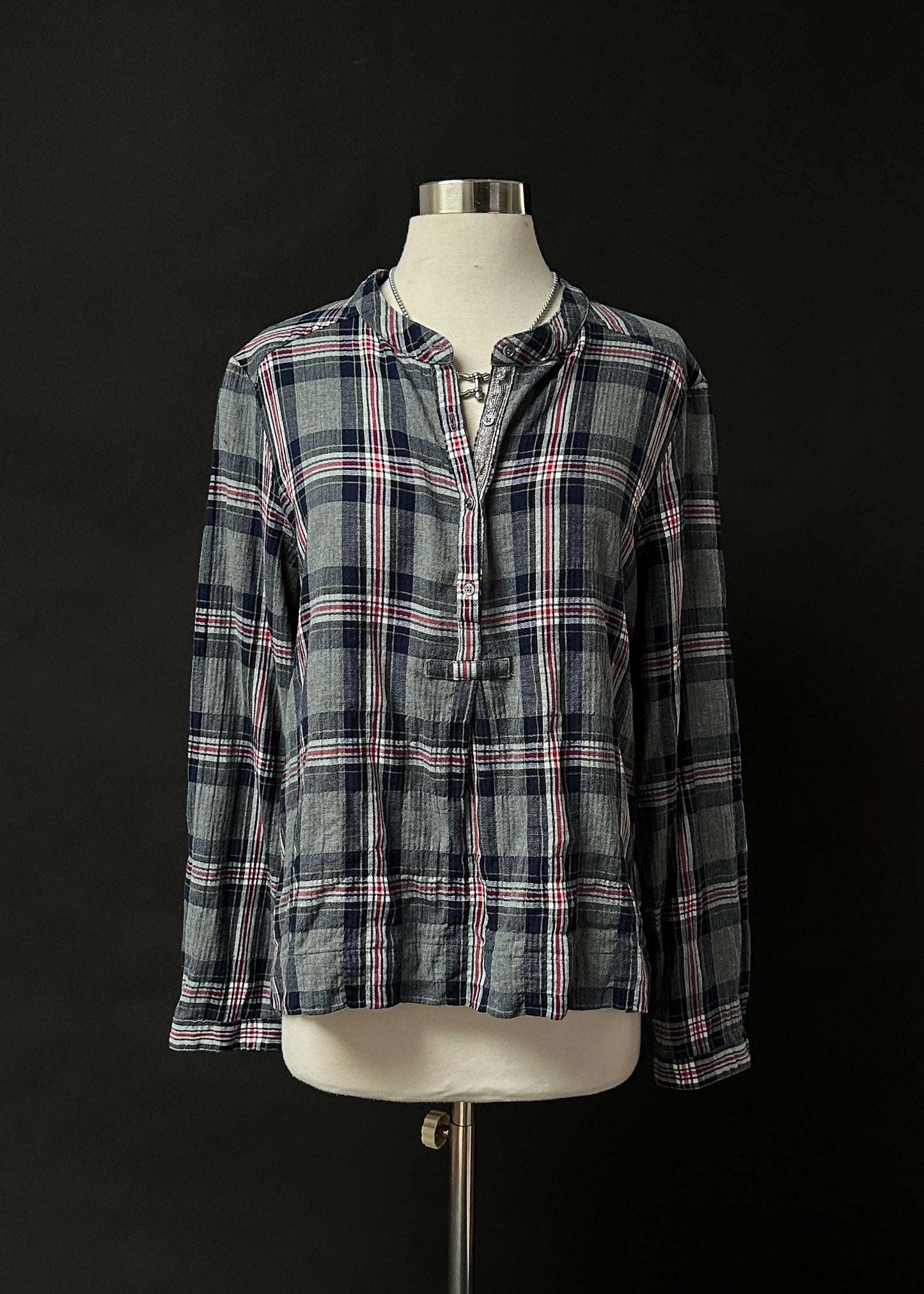 Xirena Navy Gray and Red Plaid Flannel 1/4 Button Down Top (S)