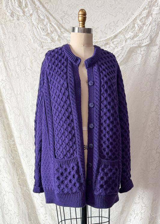 Vintage Aran Crafts Ireland Purple Merino Wool Cable Knit Cardigan (XL)