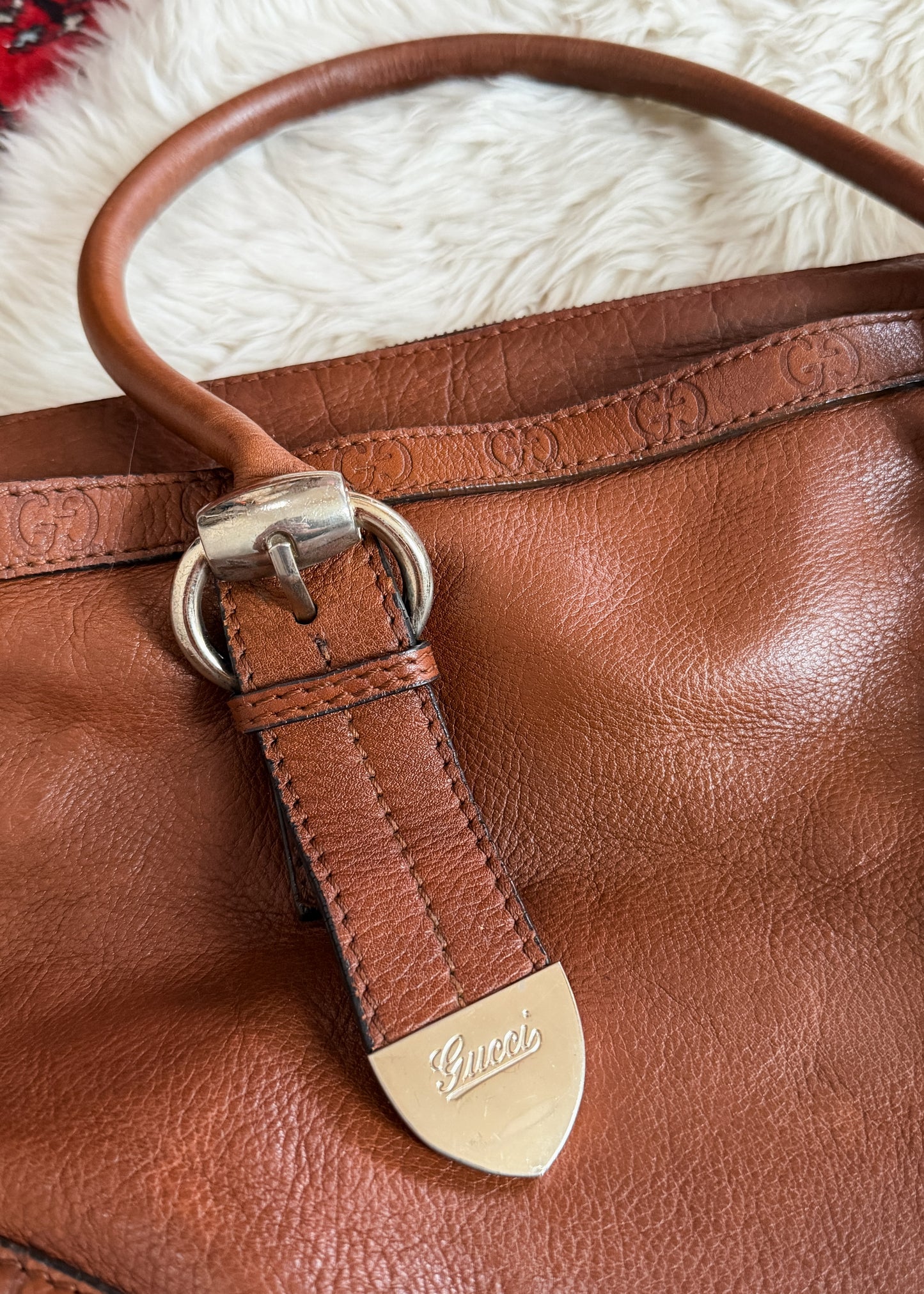 Vintage 00s Gucci Brown Leather Guccissima Signoria Large Tote Bag Shoulder Purse