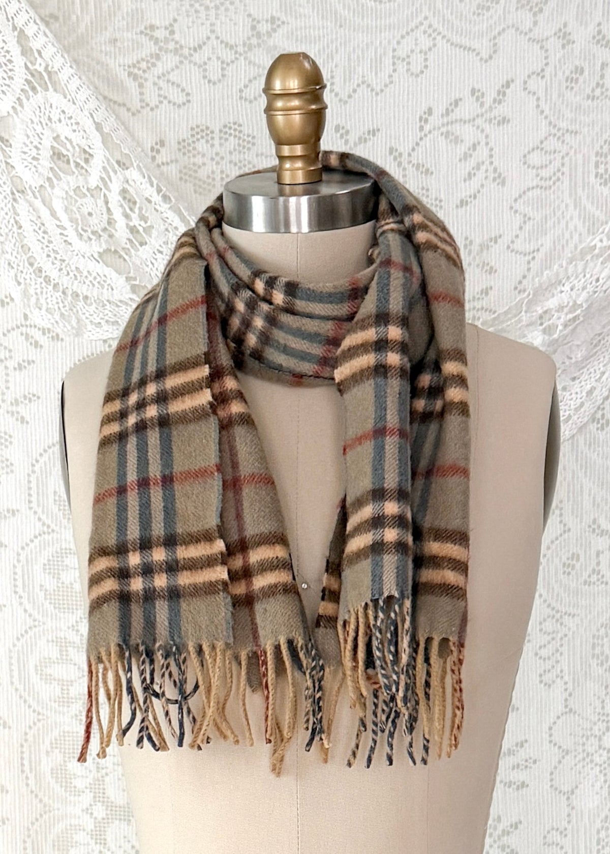 Vintage 90s Burberrys of London 100% Cashmere Olive Blue Nova Check Scarf