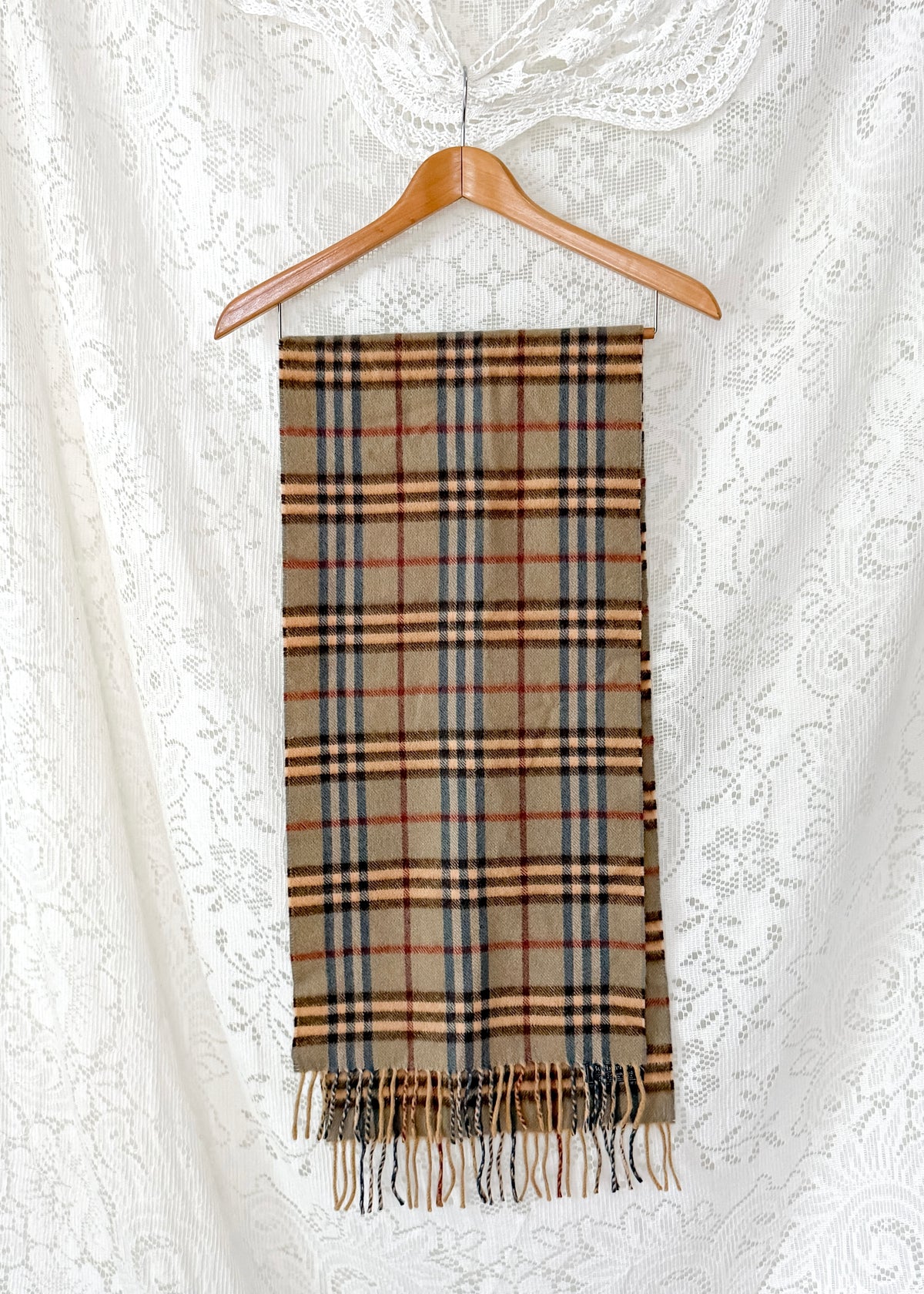 Vintage 90s Burberrys of London 100% Cashmere Olive Blue Nova Check Scarf