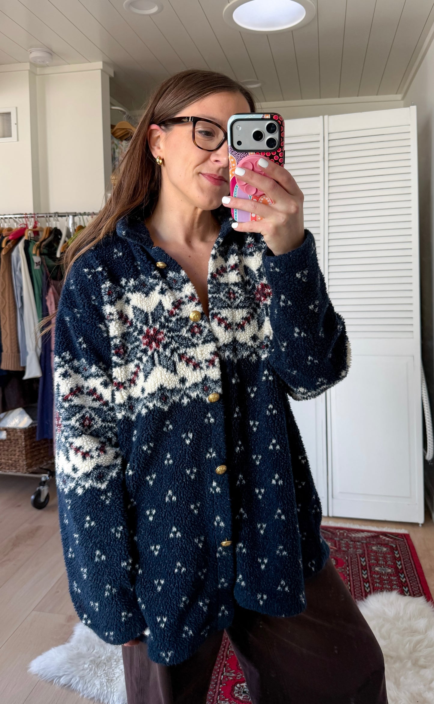 Vintage 90s Cena Navy Nordic Fuzzy Fleece Gold Button Cardigan Sweater (L)