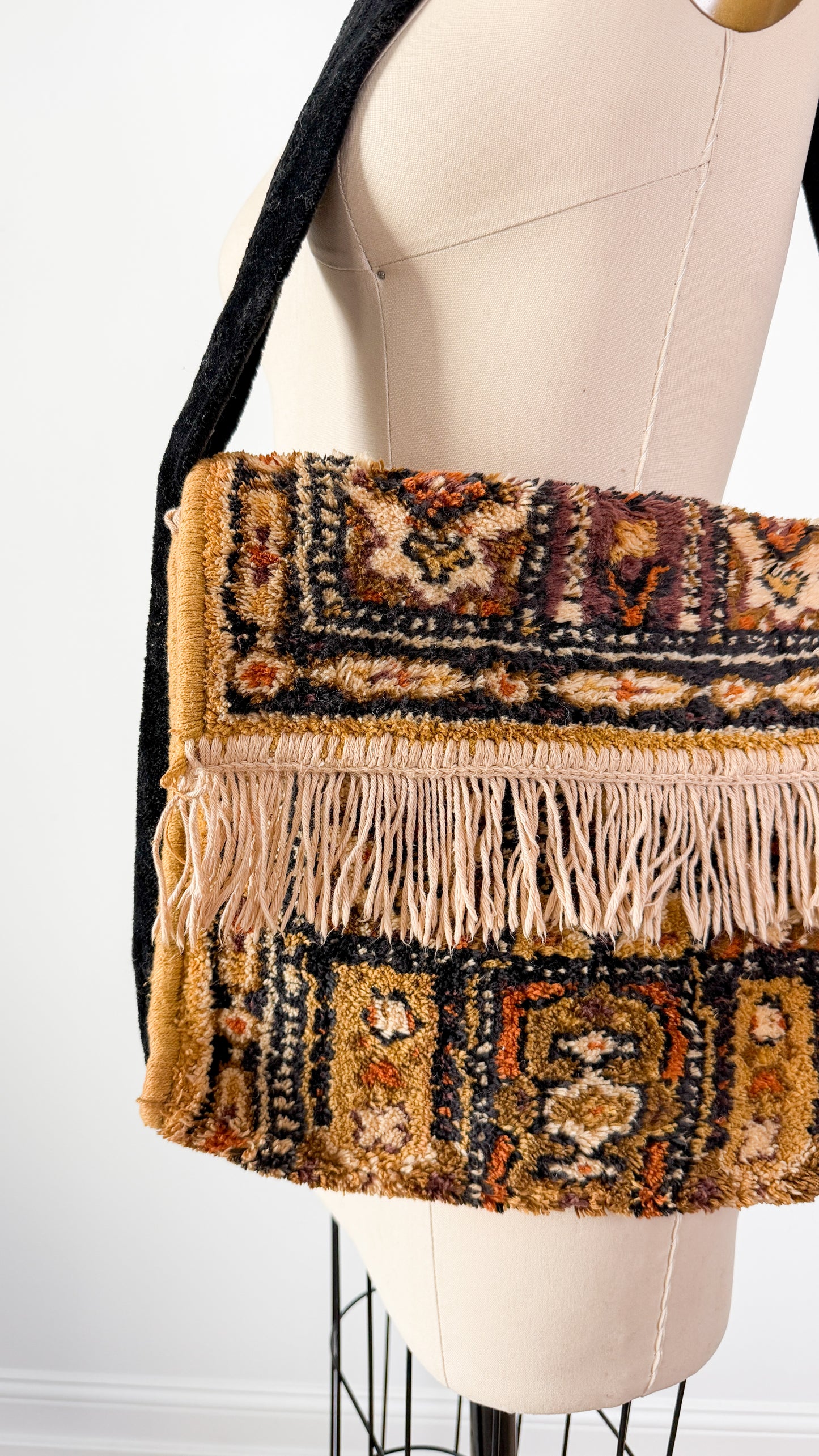 Vintage 70s Golden Yellow Brown Tapestry Fringe Trim Shoulder Purse