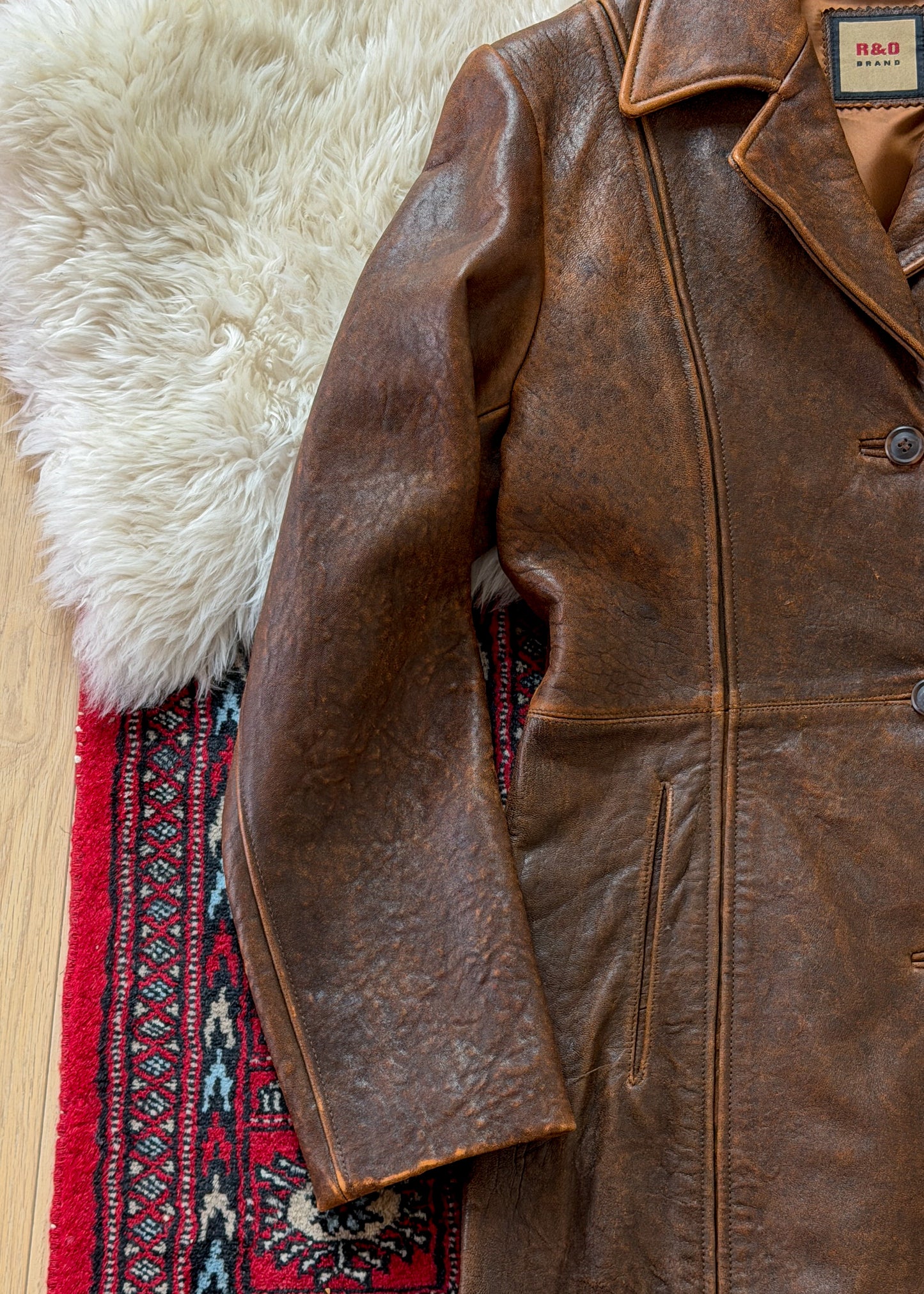 R + O Chestnut Brown Leather Mid Length Tailored Jacket (M)