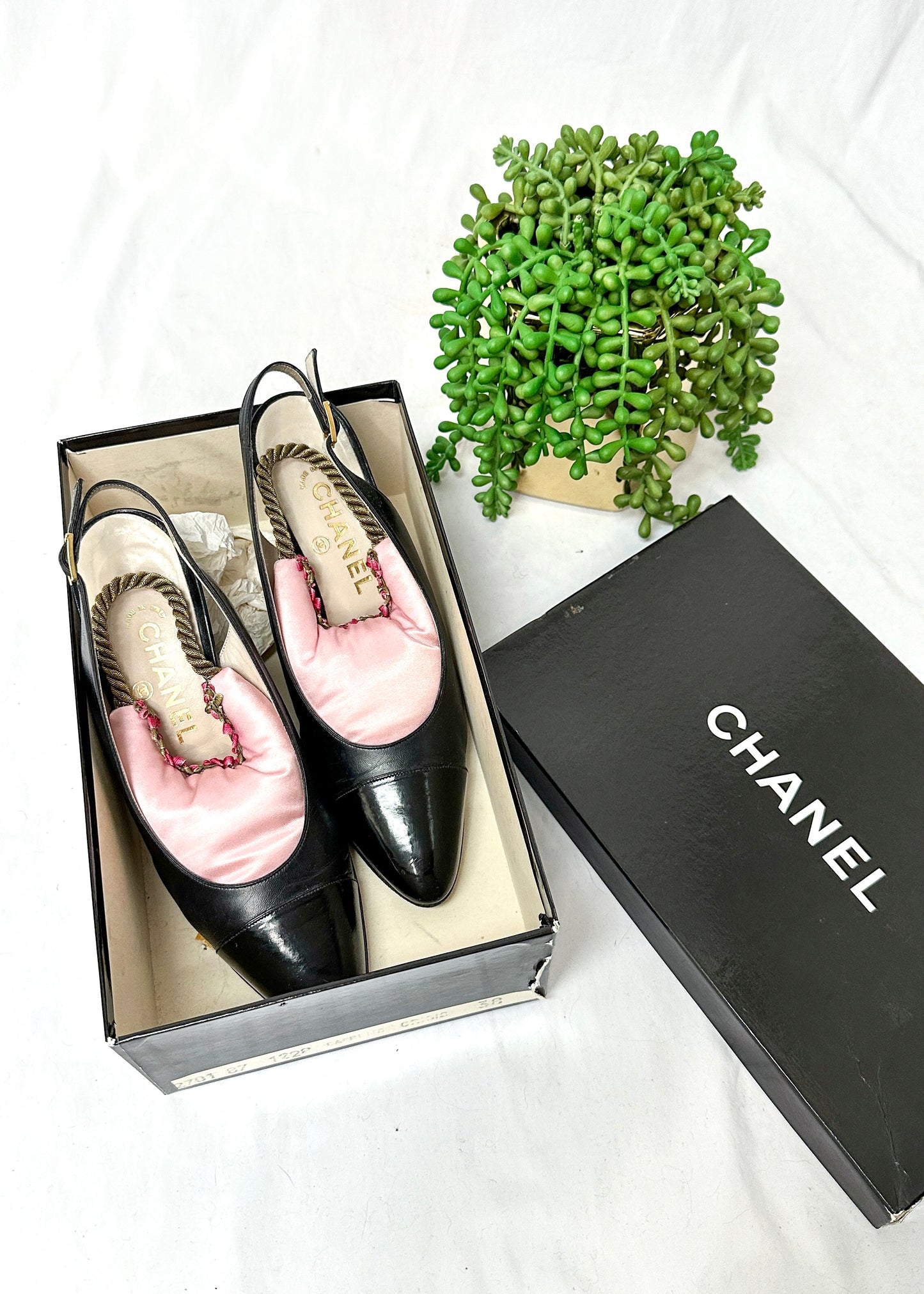 Vintage Chanel Black Leather Cap Toe Slingback Heels (38)