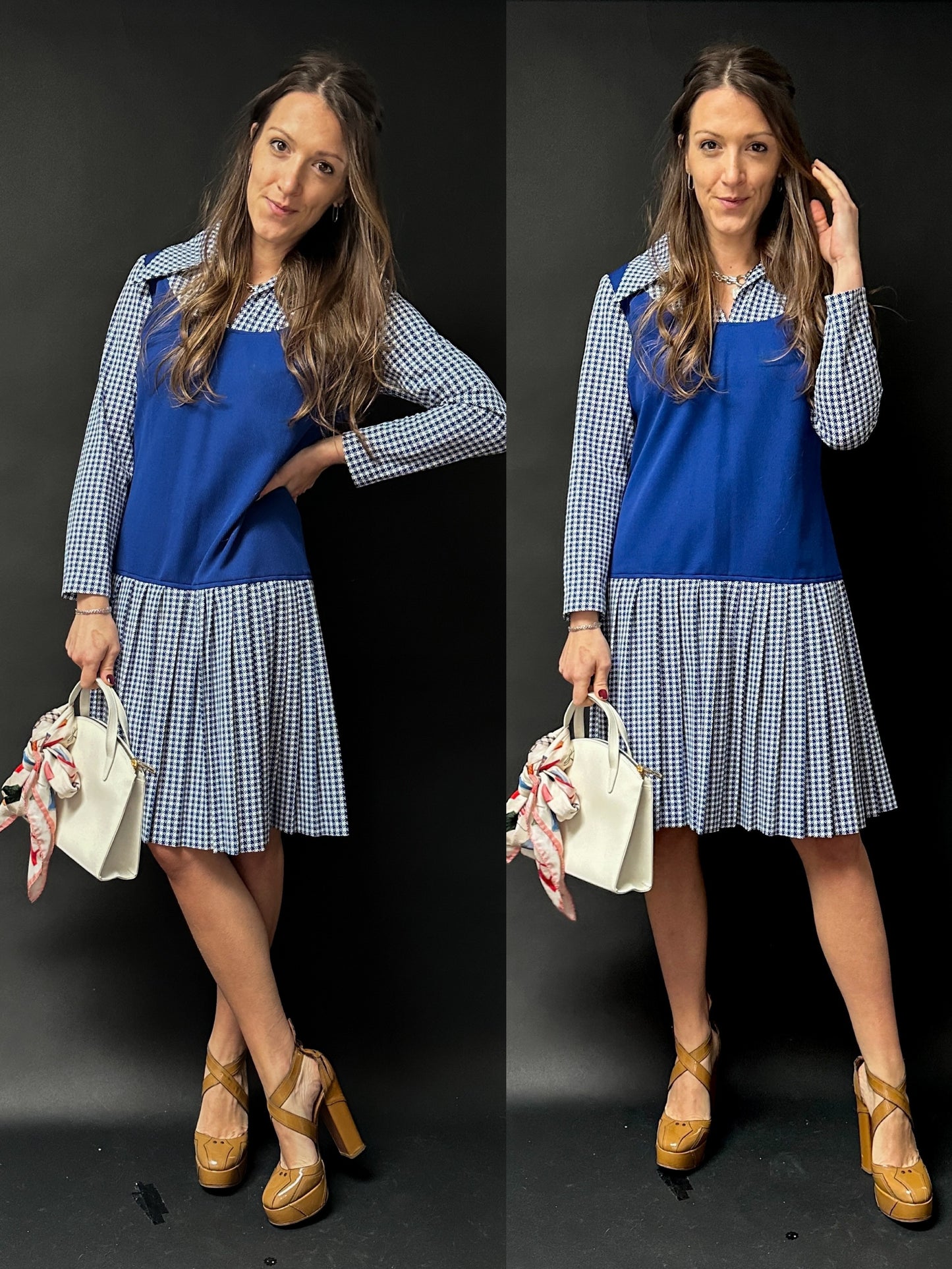 Vintage 1970s Blue Houndstooth Contrast Pointed Collar Pleated Skirt Dress (S/M)