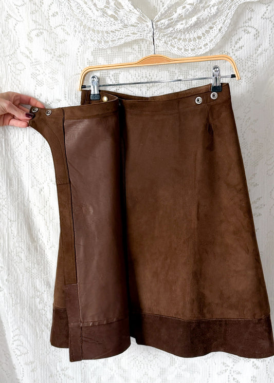 Vintage Chocolate Brown Suede A-Line Wrap Skirt