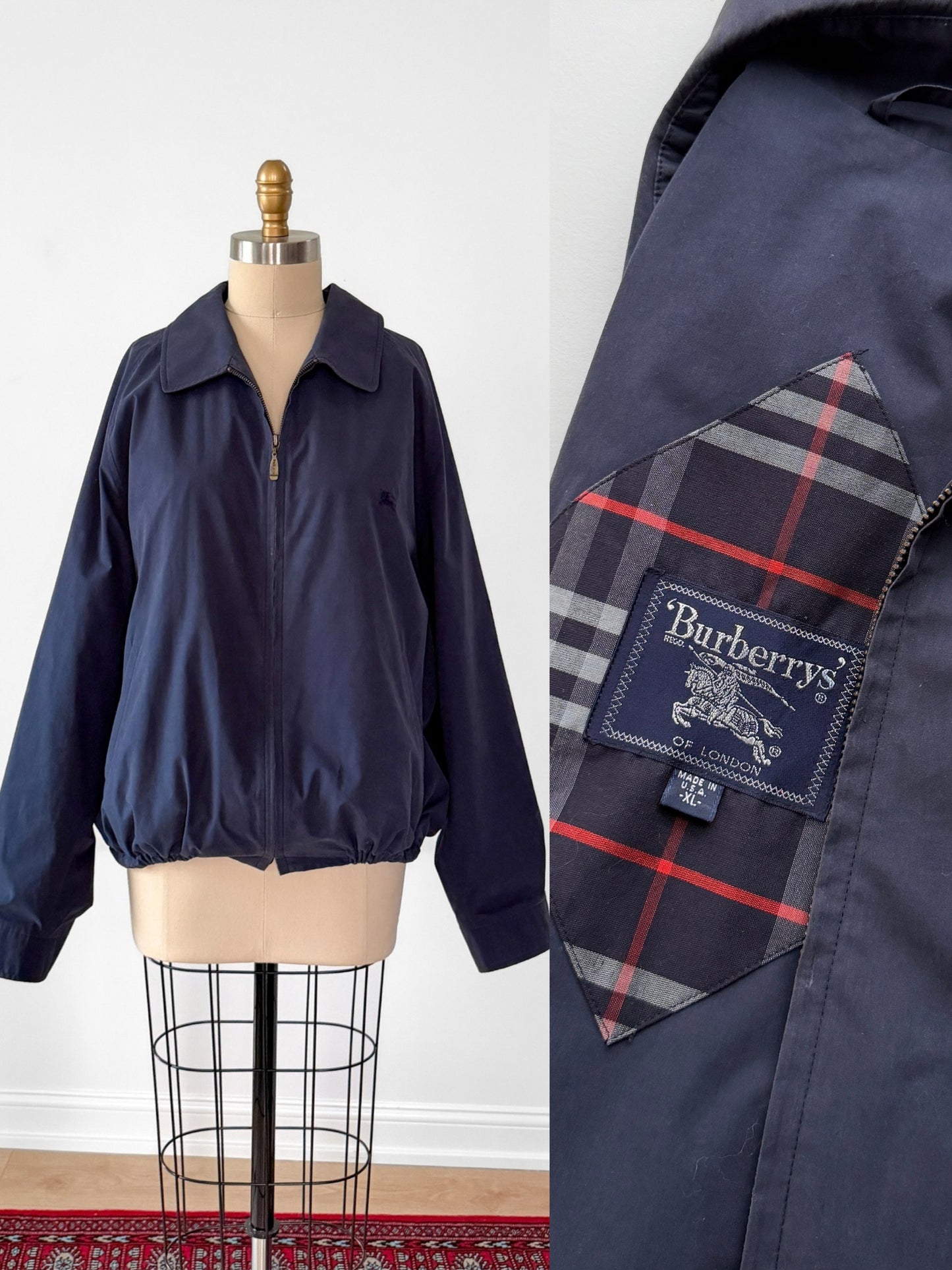 Vintage 90s Burberry Harrington Navy Cotton Windbreaker Spring Men's Jacket (XL)
