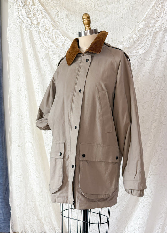 Vintage 90s Burberrys Taupe Khaki  Plaid Lined Field Coat with Hood Made in England