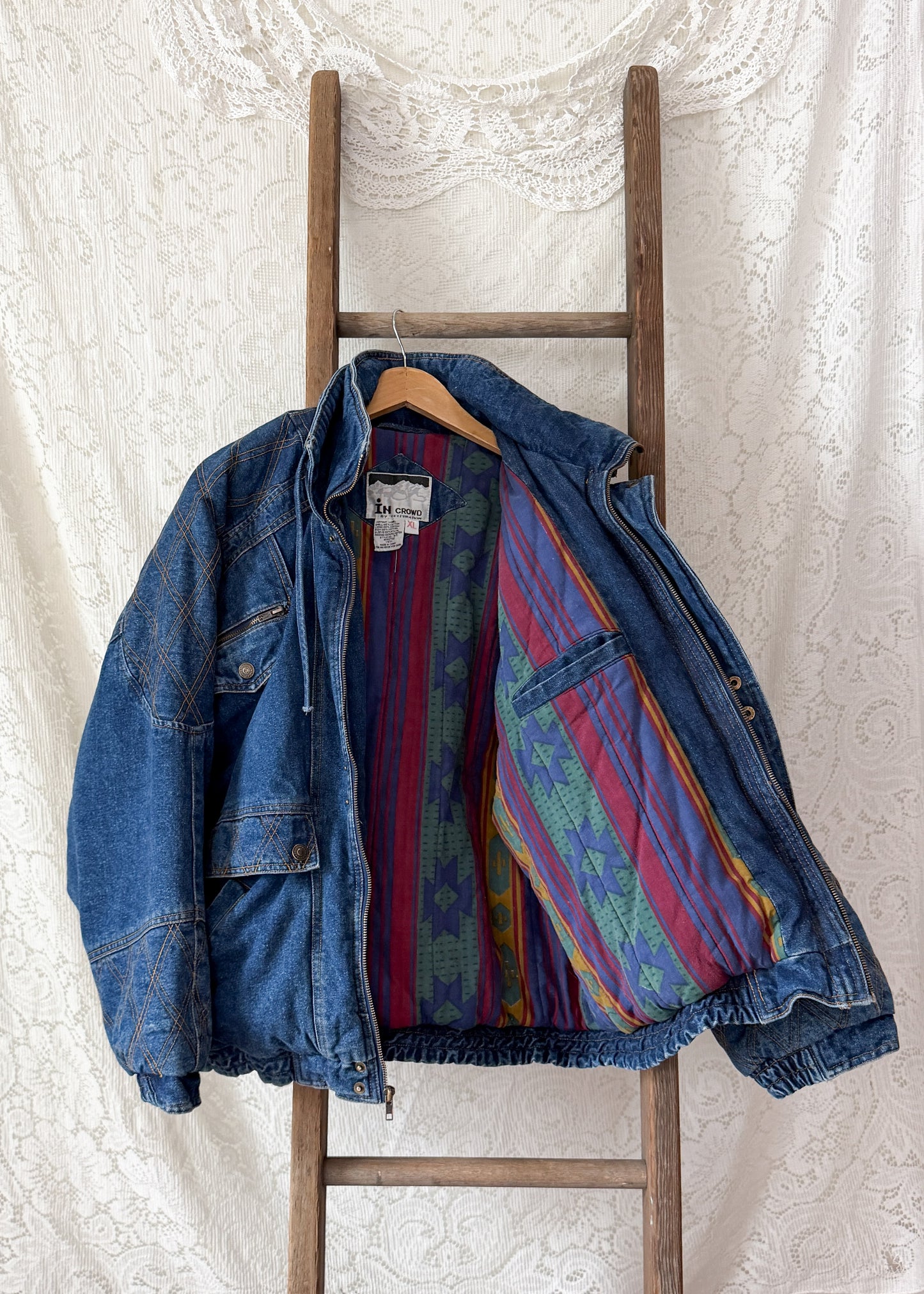 Vintage 90s In Crowd Denim Ski Jacket Southwestern Lined Oversized Coat