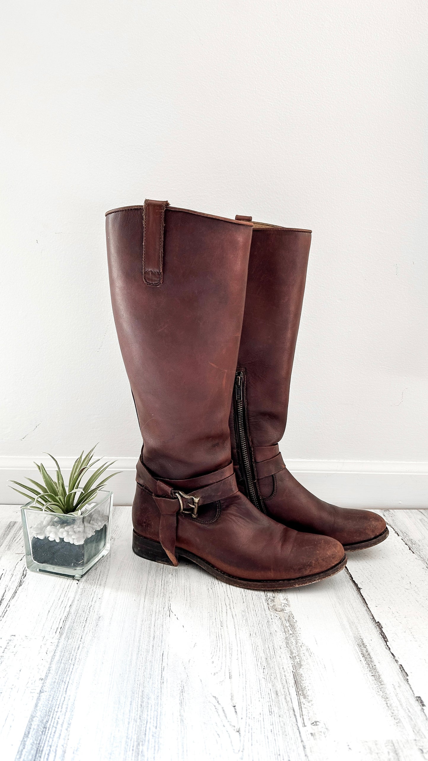 FRYE Melissa Knotted Tall Brown Leather Riding Boots (8)