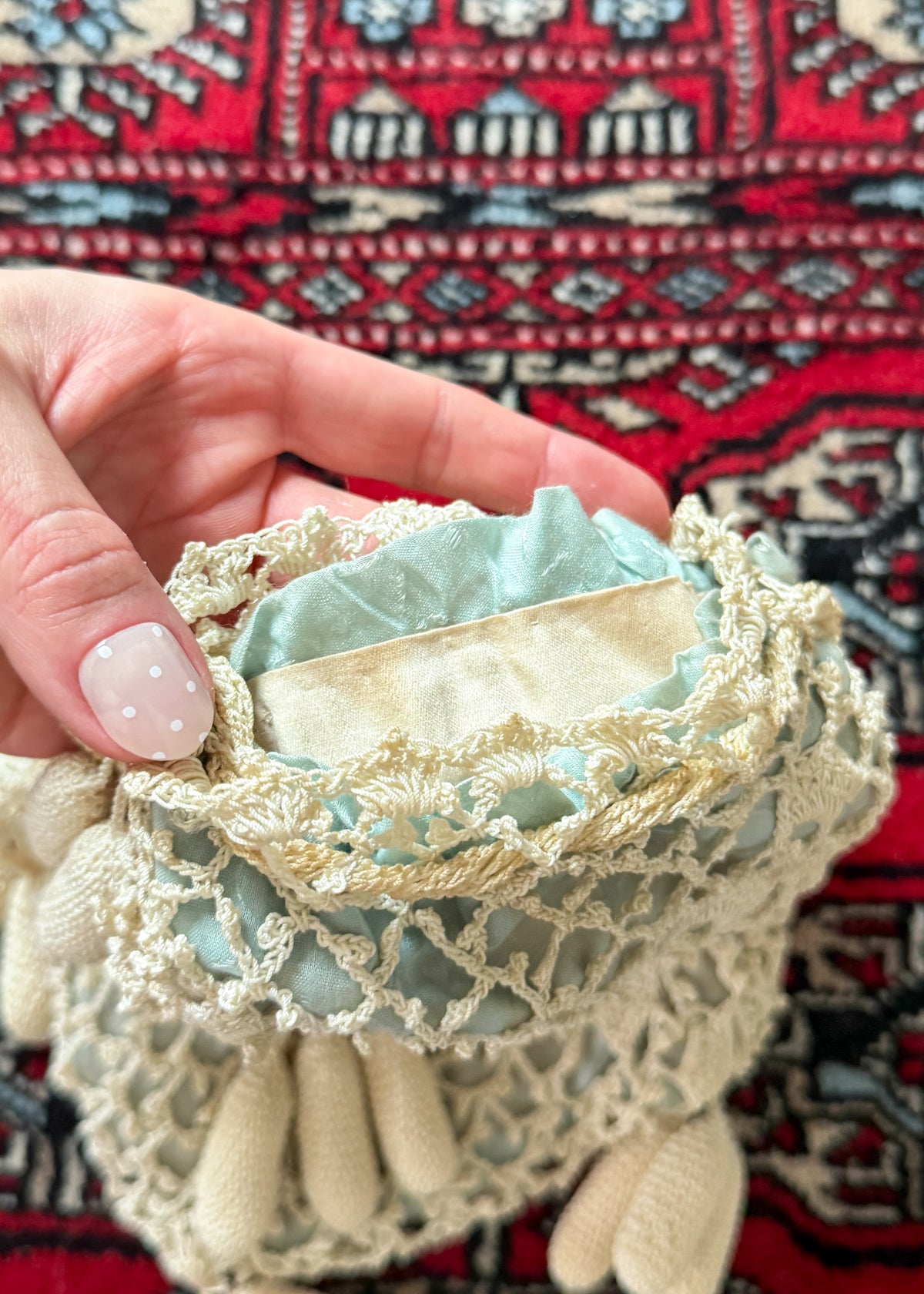 Antique Edwardian Irish Crochet Reticule Purse Sea Foam Green Lined c. 1900–1915