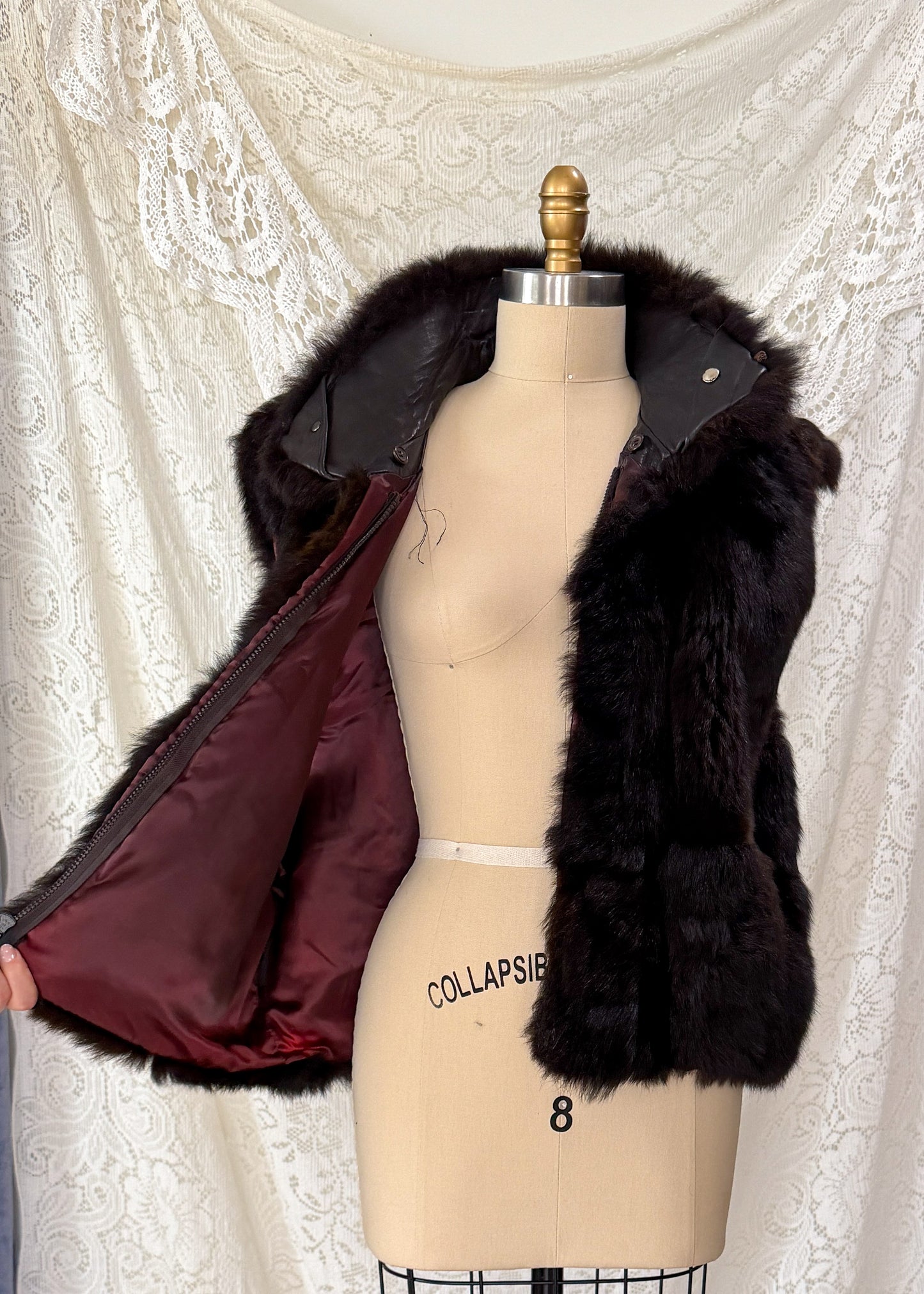 Vintage Andrew Marc Dark Brown New Zealand Opossum Fur & Leather Moto Style Vest