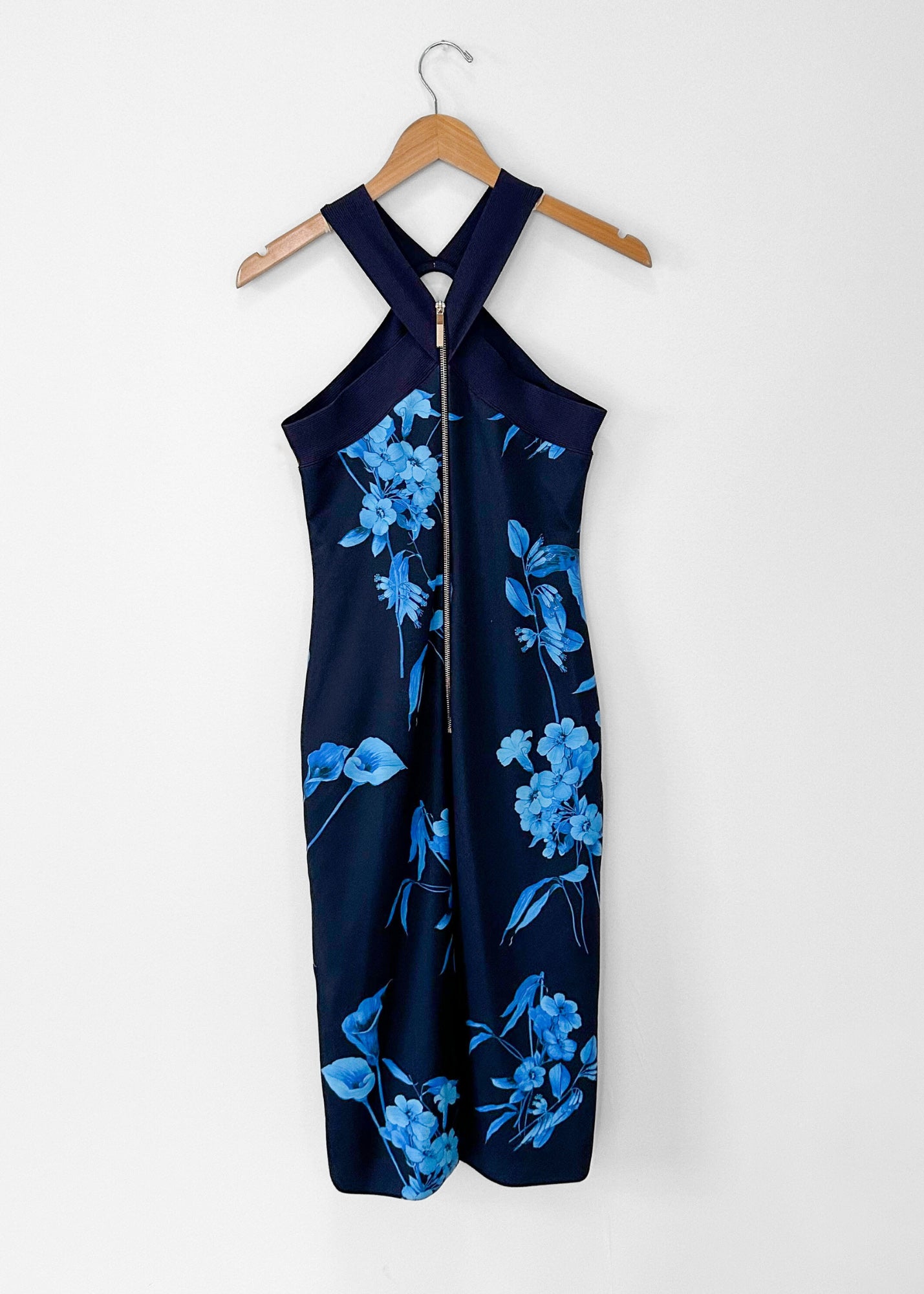 Ted Baker Navy Blue Fantasia Bodycon Halter Floral Dress (TB 2 or US 6)