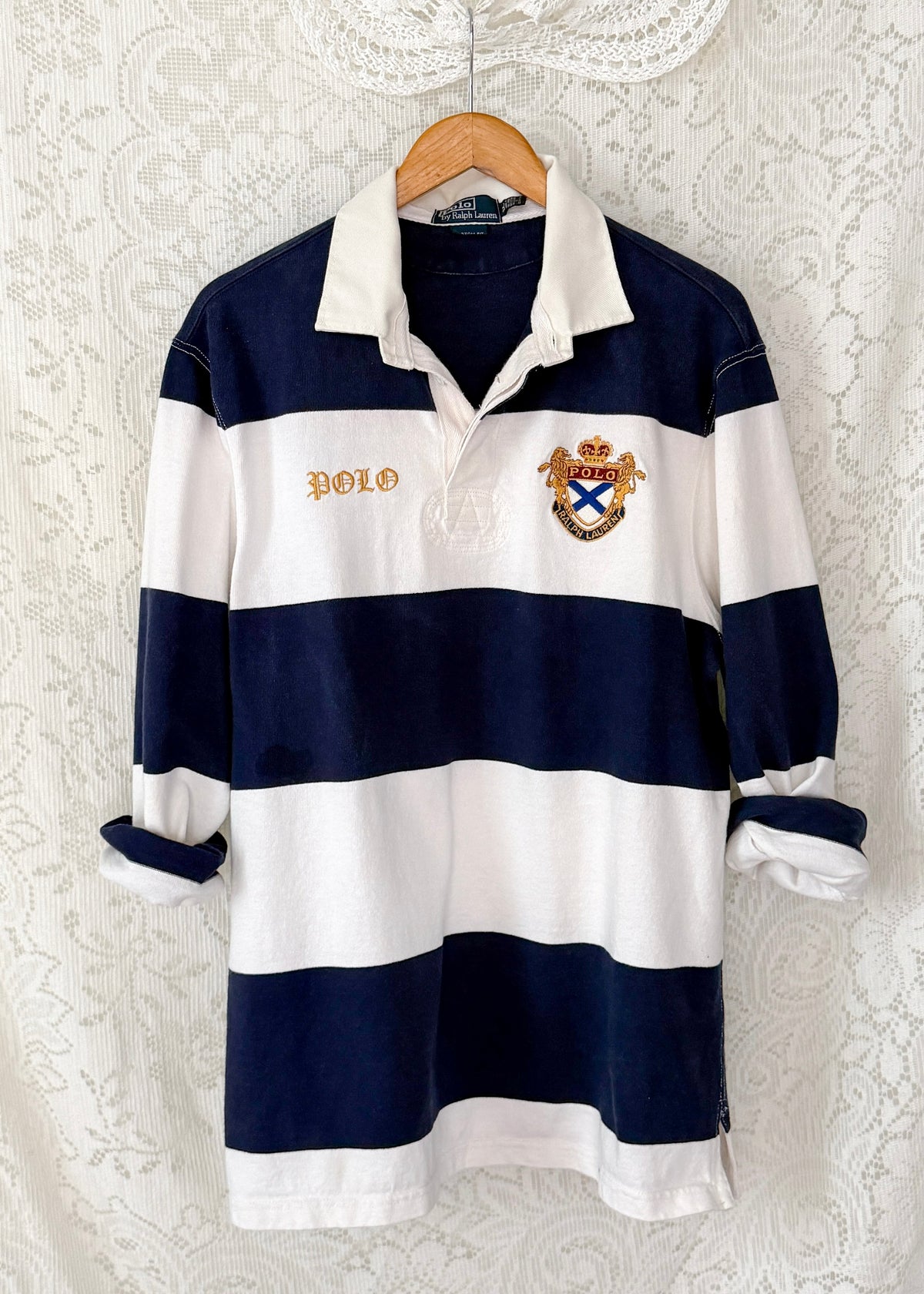 Vintage 90s 00s Polo Ralph Lauren Navy White Striped Crest Rugby Shirt (XL)