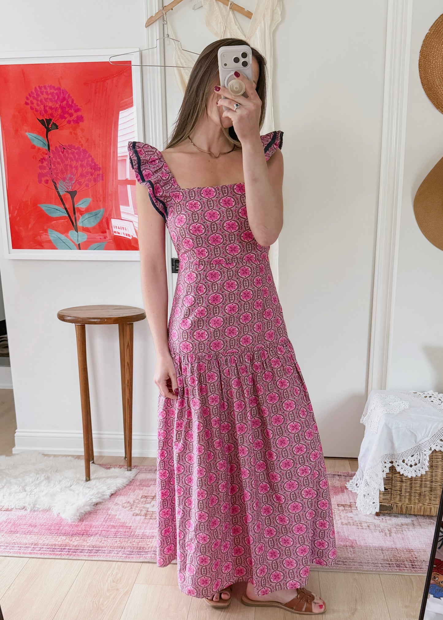 Rhode Pink Geometric Floral Wedding Guest Cotton Summer Maxi Dress