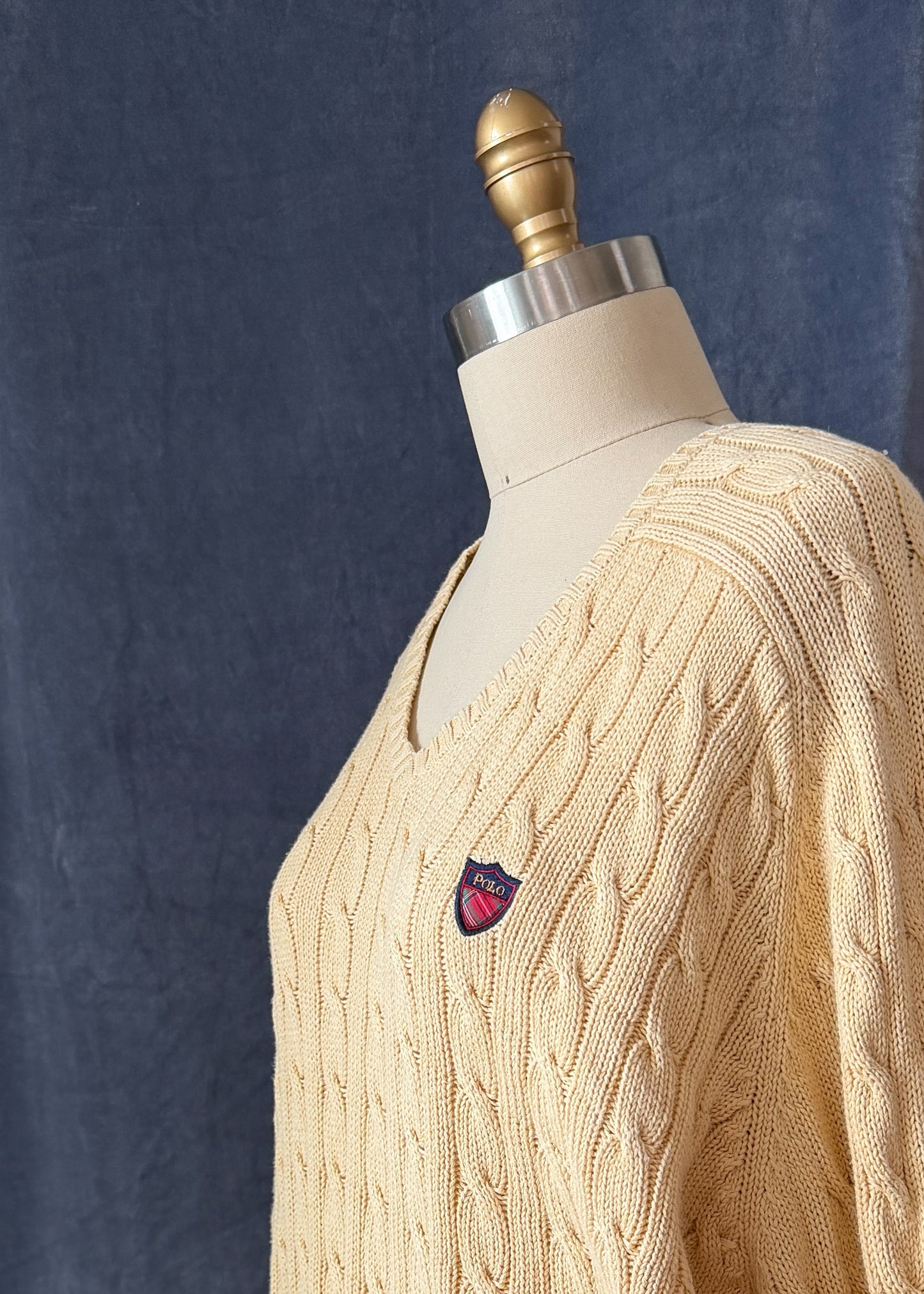 Vintage 90s Polo Ralph Lauren Cream Cable Knit Cotton V-Neck Crest Sweater