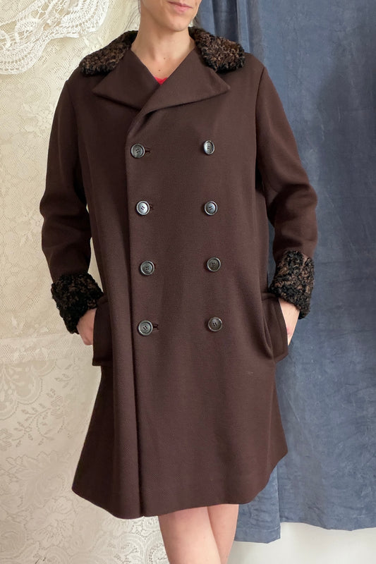 Vintage 1970s Chocolate Brown Double Breasted Coat Persian Curly Lamb Fur Trim