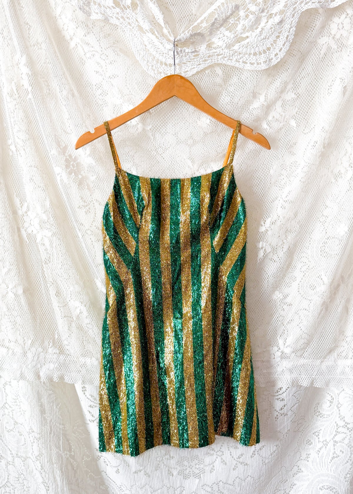 Vintage 60s / 70s Green & Gold Metallic Fringe Eyelash Tinsel Striped Mini Dress