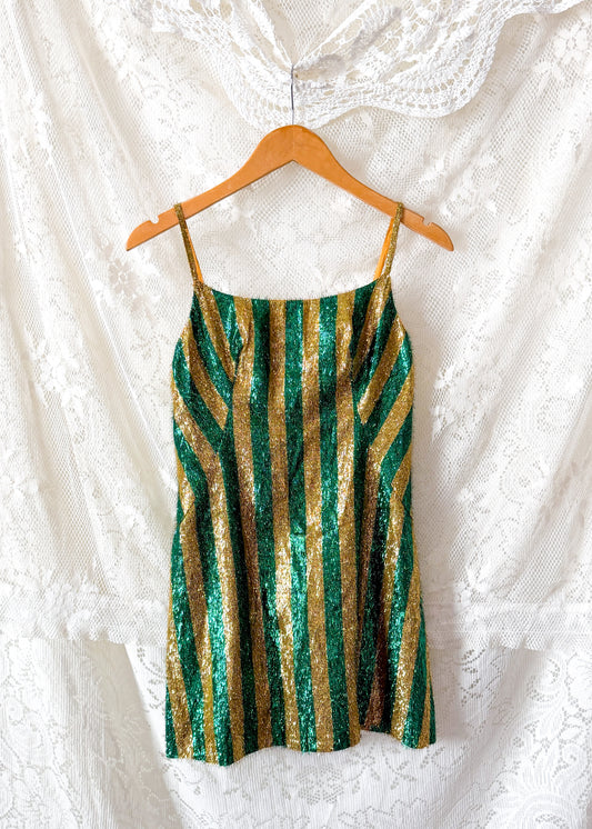 Vintage 60s / 70s Green & Gold Metallic Fringe Eyelash Tinsel Striped Mini Dress
