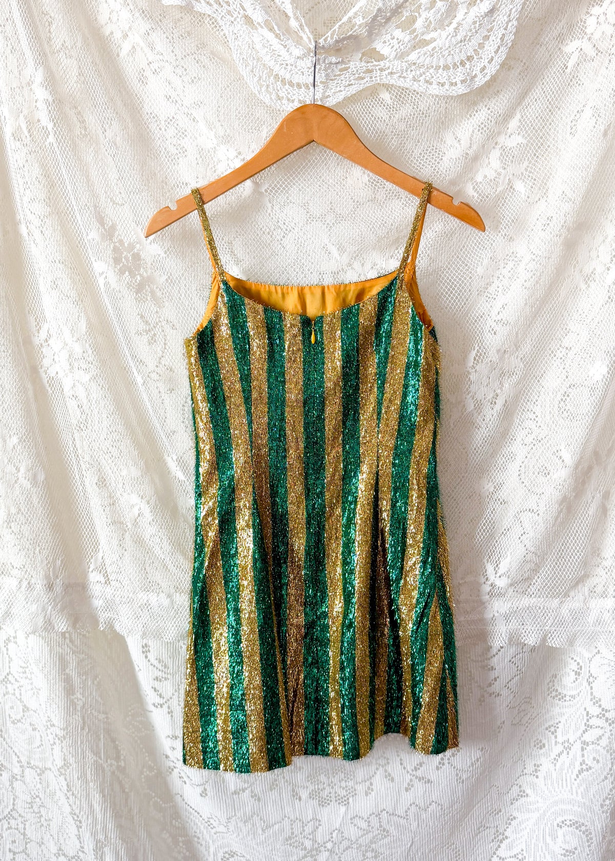 Vintage 60s / 70s Green & Gold Metallic Fringe Eyelash Tinsel Striped Mini Dress