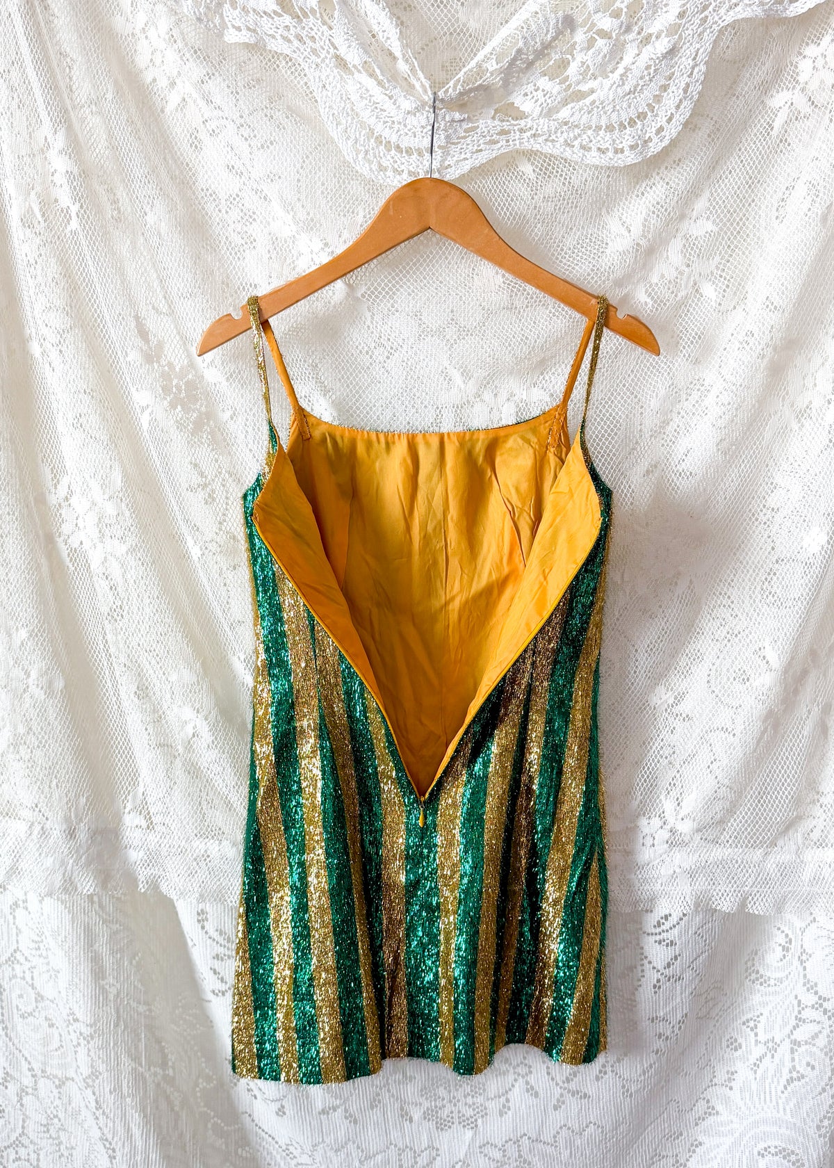 Vintage 60s / 70s Green & Gold Metallic Fringe Eyelash Tinsel Striped Mini Dress