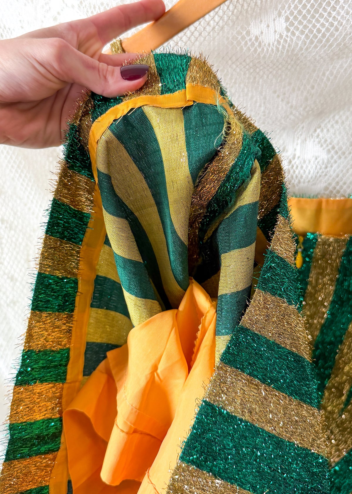 Vintage 60s / 70s Green & Gold Metallic Fringe Eyelash Tinsel Striped Mini Dress
