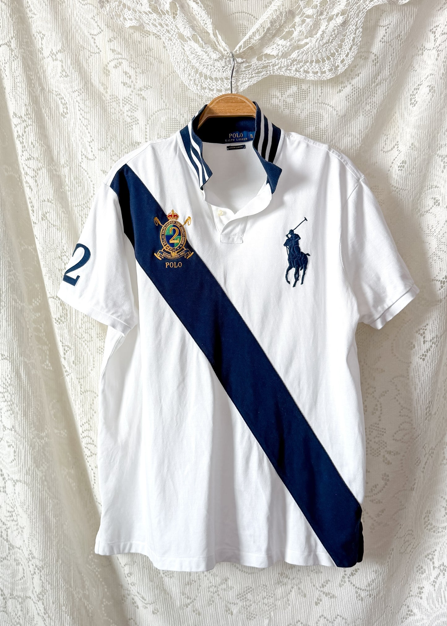 Polo Ralph Lauren Big Pony #2 Sash Polo Shirt White Navy (men's XL)