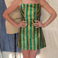 Vintage 60s / 70s Green & Gold Metallic Fringe Eyelash Tinsel Striped Mini Dress