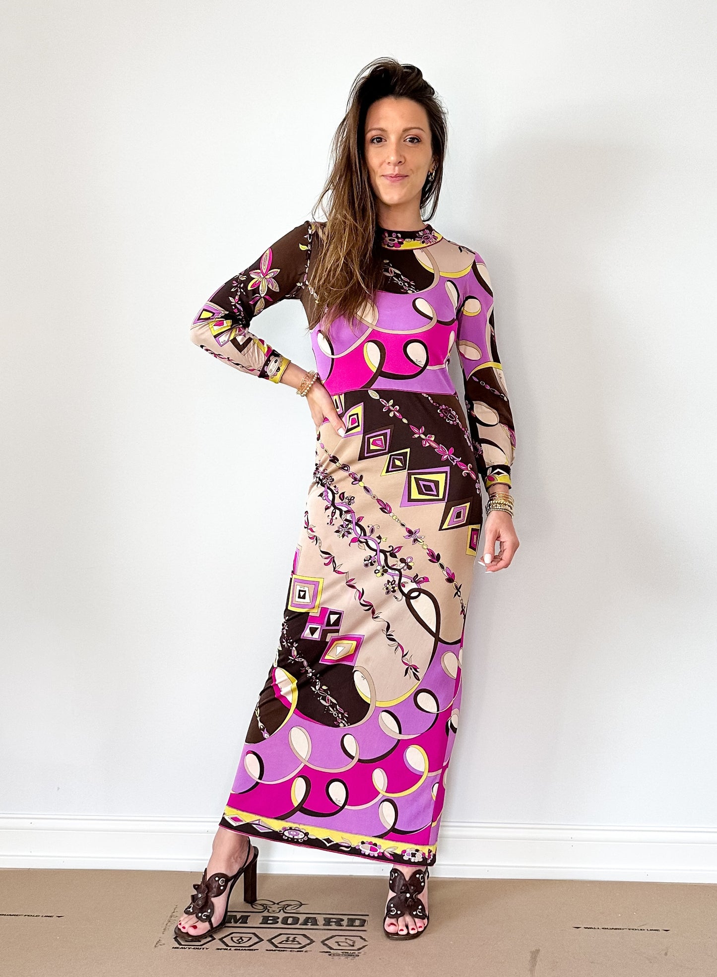 Vintage 60s Emilio Pucci Silk Purple Brown Pink Abstract Maxi Dress