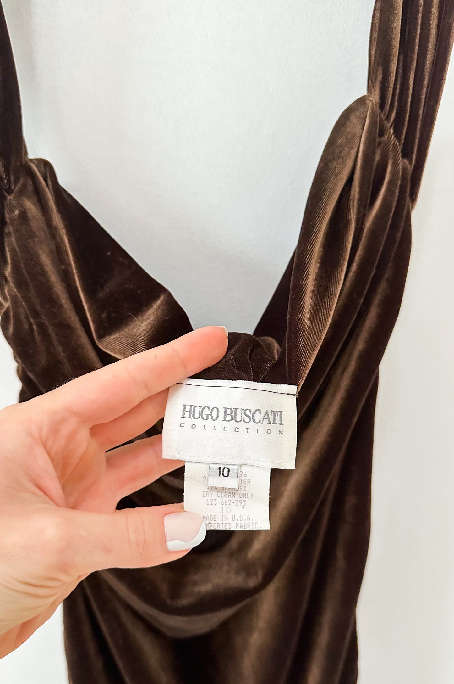 Vintage 90s Hugo Buscati Brown Velvet Ruched Halter Dress