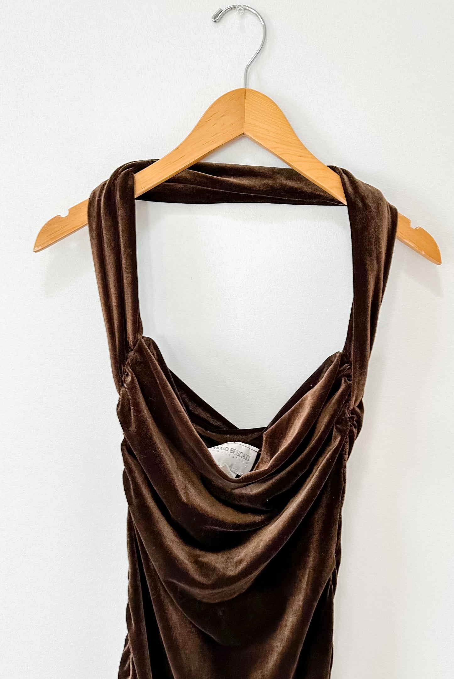Vintage 90s Hugo Buscati Brown Velvet Ruched Halter Dress