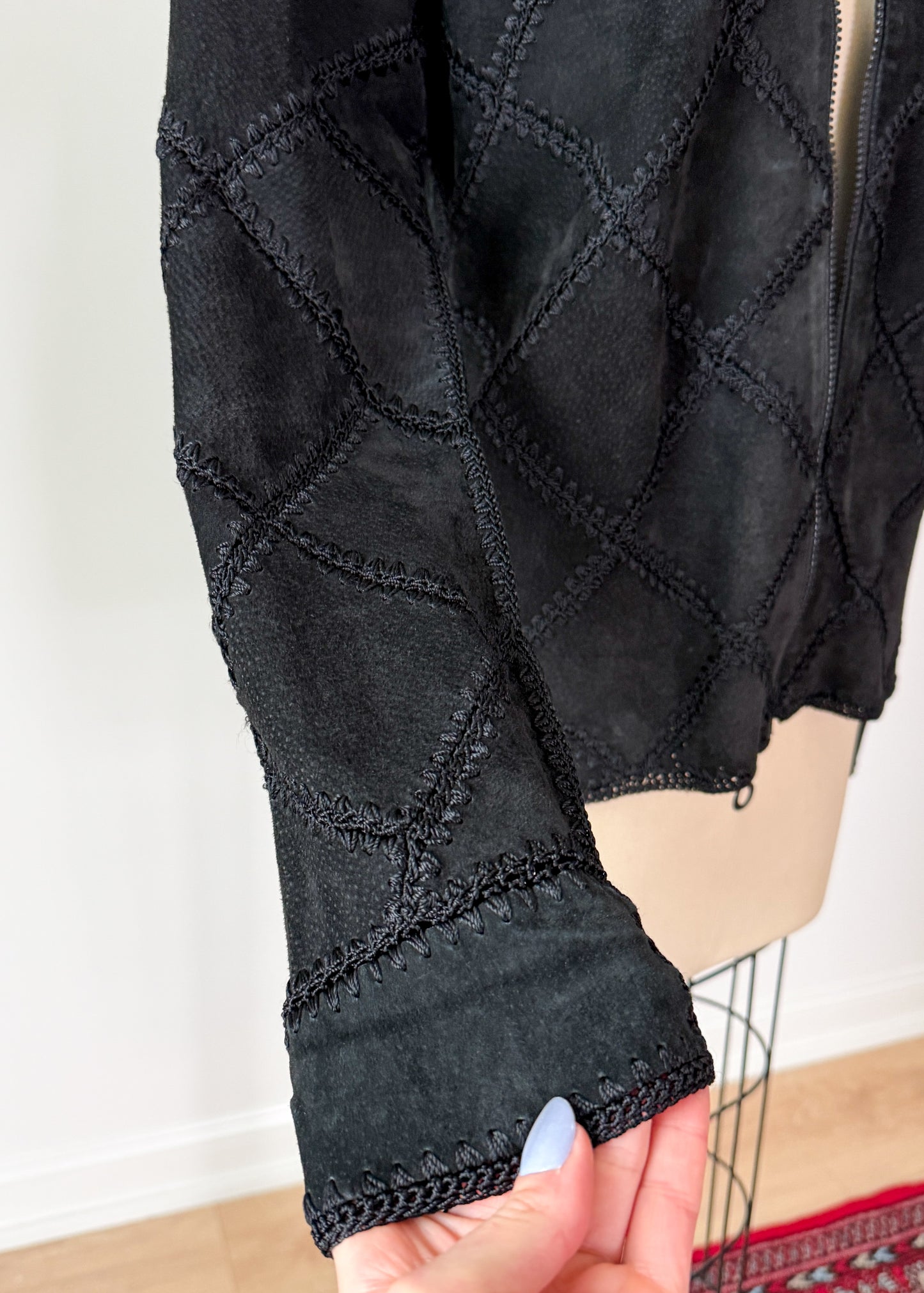 Vintage Black Suede Leather & Crochet Patchwork Zip Jacket (S/M)