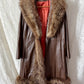 Vintage 70s Brown Leather Coat with Raccoon Fur Trim & Belt