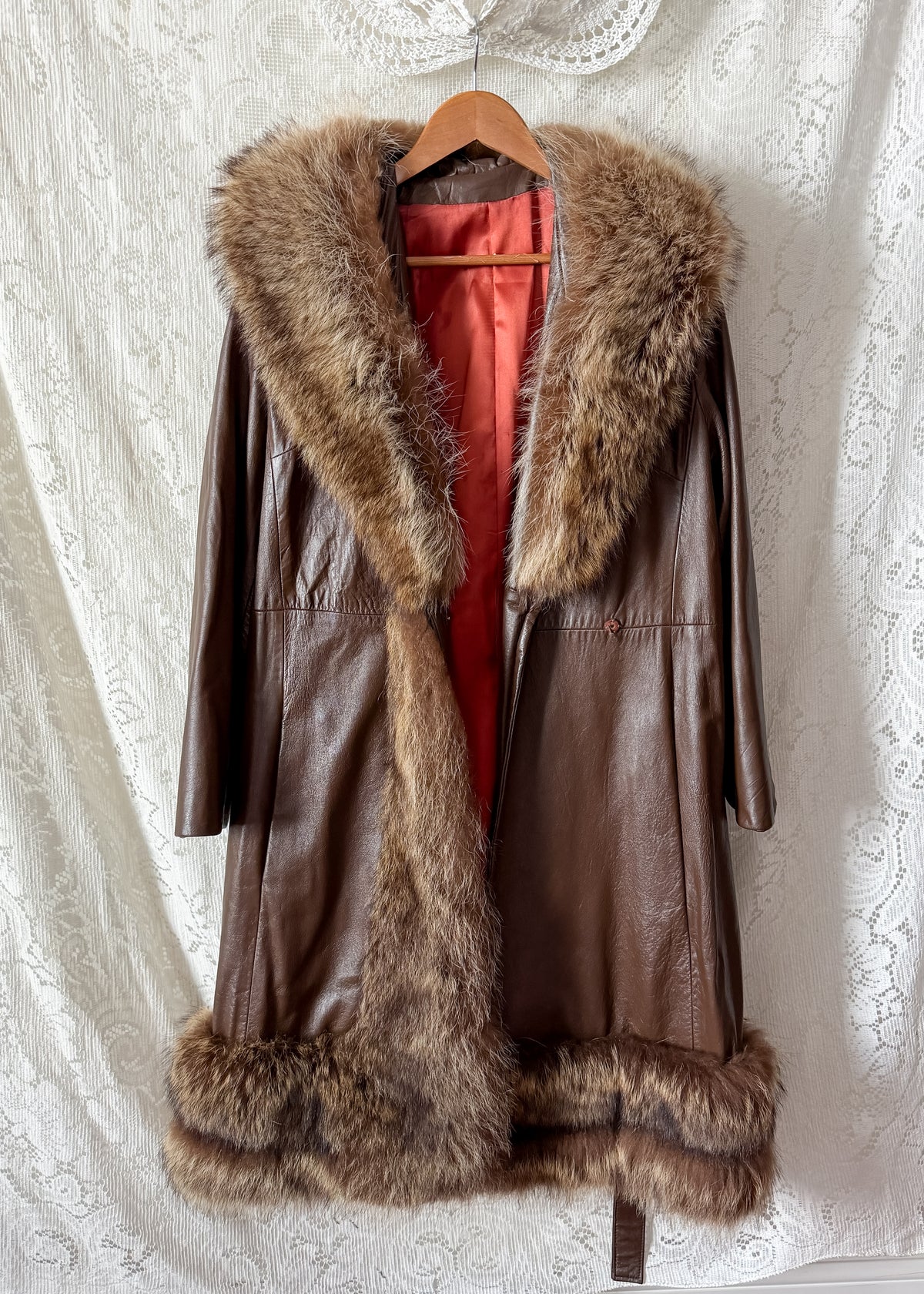 Vintage 70s Brown Leather Coat with Raccoon Fur Trim & Belt