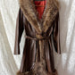 Vintage 70s Brown Leather Coat with Raccoon Fur Trim & Belt