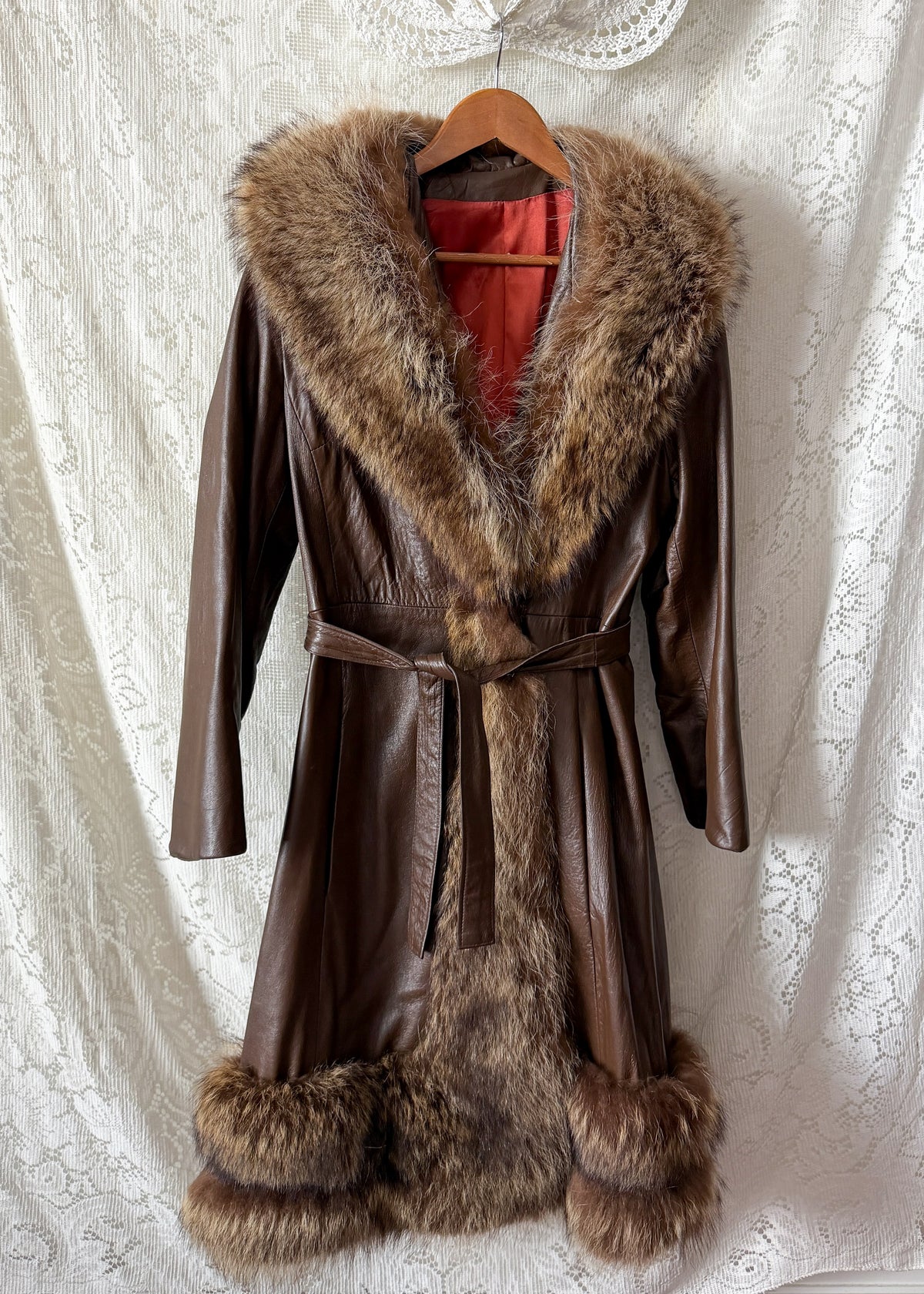 Vintage 70s Brown Leather Coat with Raccoon Fur Trim & Belt