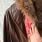 Vintage 70s Brown Leather Coat with Raccoon Fur Trim & Belt