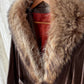 Vintage 70s Brown Leather Coat with Raccoon Fur Trim & Belt