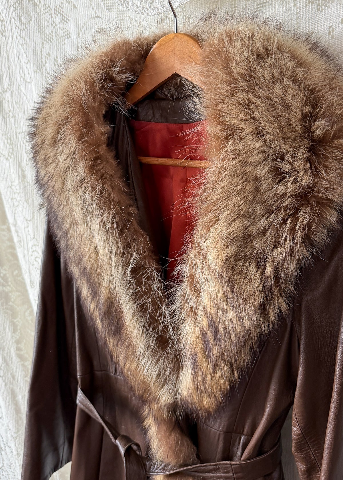 Vintage 70s Brown Leather Coat with Raccoon Fur Trim & Belt