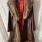 Vintage 70s Brown Leather Coat with Raccoon Fur Trim & Belt
