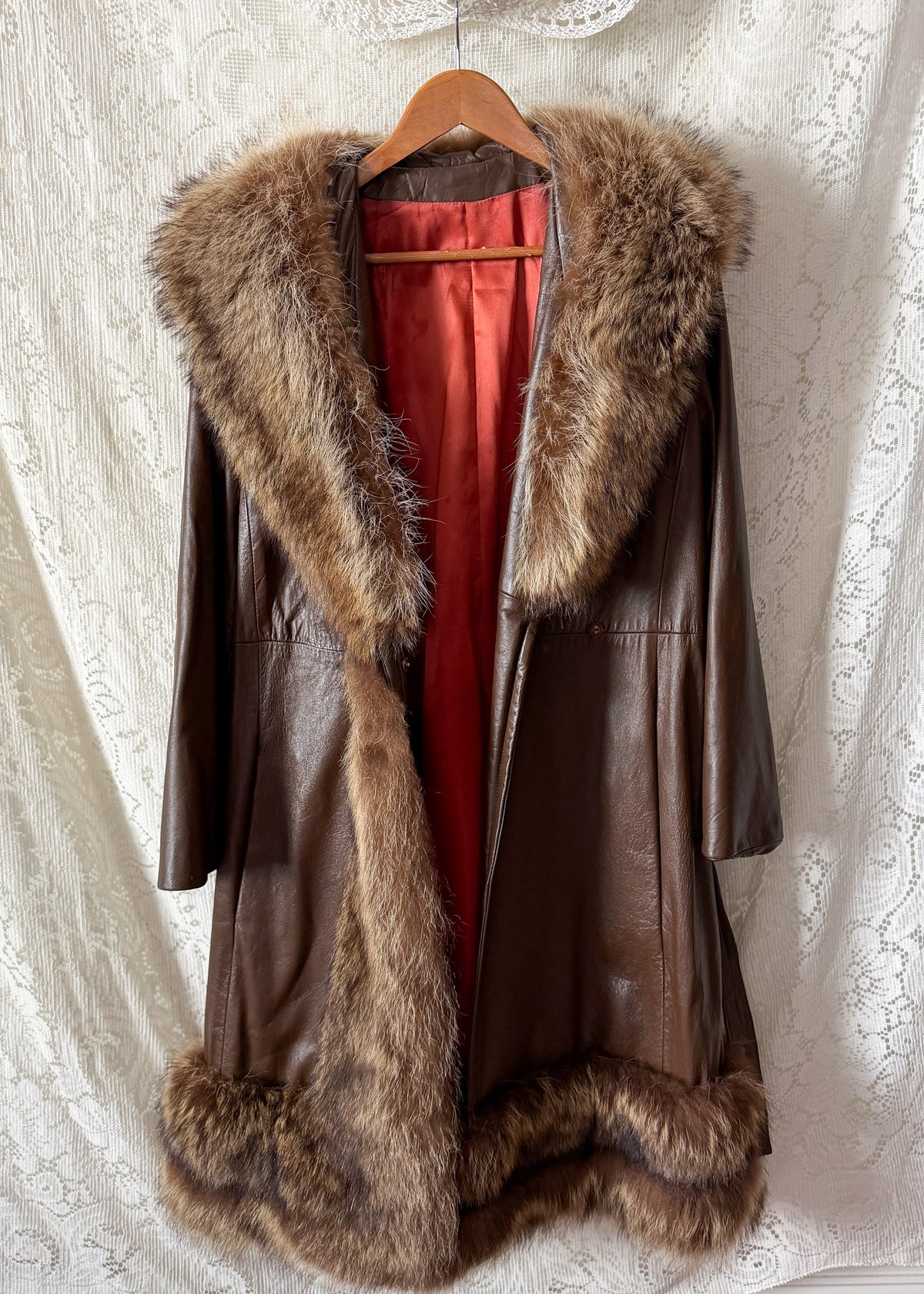 Vintage 70s Brown Leather Coat with Raccoon Fur Trim & Belt