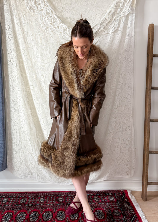Vintage 70s Brown Leather Coat with Raccoon Fur Trim & Belt