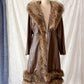 Vintage 70s Brown Leather Coat with Raccoon Fur Trim & Belt